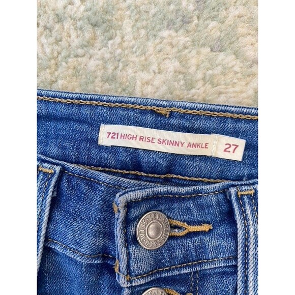 Levis 721 High Rise Skinny Jeans Womens 27 Blue Ankle Slit Denim Stretch - Picture 2 of 8